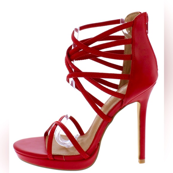 Red Vegan Leather Strappy Lace Up High Heel Sandals - Picture 2 of 2